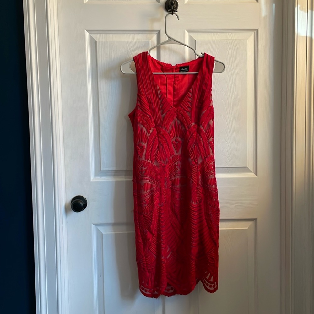 BARDOT red embroidered mesh sheath dress